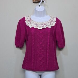 Vintage 80s Sweater Medium Pink Lace Bib Collar Puff Sleeve Coquette Academia